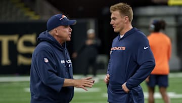 Aug 23, 2025; New Orleans, Louisiana, USA; Denver Broncos head coach Sean Payton talks to Denver Broncos quarterback Bo Nix (10) before a game against the New Orleans Saints at Caesars Superdome. Mandatory Credit: Matthew Hinton-Imagn Images