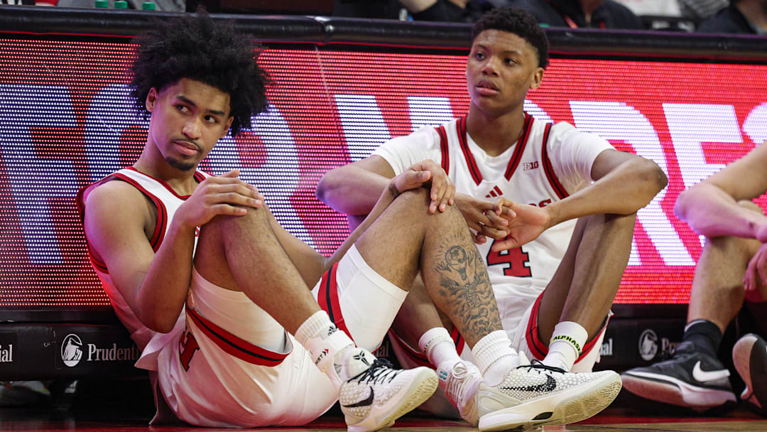 Mar 9, 2025; Piscataway, New Jersey, USA; Rutgers Scarlet Knights guard Dylan Harper (2) and Rutgers Scarlet Knights guard Ace Bailey (4) looks on during the second half against the Minnesota Golden Gophers at Jersey Mike's Arena. Mandatory Credit: Vincent Carchietta-Imagn Images