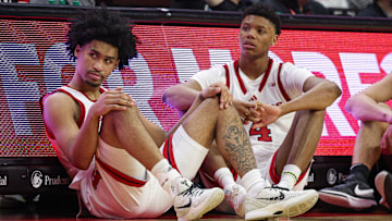 Mar 9, 2025; Piscataway, New Jersey, USA; Rutgers Scarlet Knights guard Dylan Harper (2) and Rutgers Scarlet Knights guard Ace Bailey (4) looks on during the second half against the Minnesota Golden Gophers at Jersey Mike's Arena. Mandatory Credit: Vincent Carchietta-Imagn Images