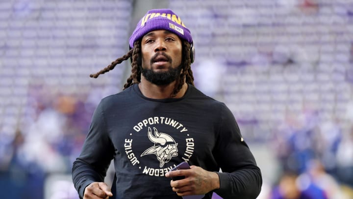 Jan 15, 2023; Minneapolis, Minnesota, USA; Minnesota Vikings running back Dalvin Cook (4) during warmups before a wild card game against the New York Giants at U.S. Bank Stadium. Mandatory Credit: Matt Krohn-USA TODAY Sports