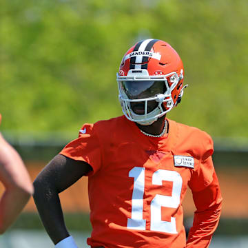 Cleveland Browns rookie quarterbacks Dillon Gabriel and Shedeur Sanders at OTAs.