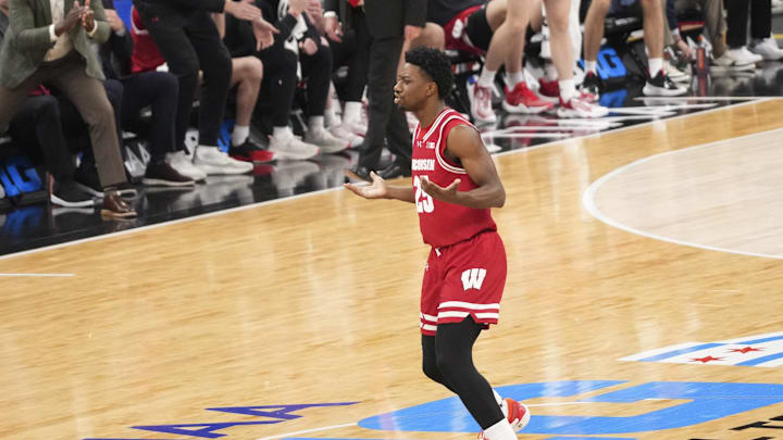Mar 14, 2026; Chicago, IL, USA; Wisconsin Badgers guard John Blackwell (25) reacts after making a three point basket against the Michigan Wolverines during the first half at United Center. Mandatory Credit: David Banks-Imagn Images