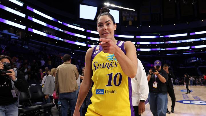 May 15, 2026; Los Angeles, California, USA;  Los Angeles Sparks guard Kelsey Plum (10) reacts after defeating the Toronto Tempo at Crypto.com Arena. Mandatory Credit: Kiyoshi Mio-Imagn Images