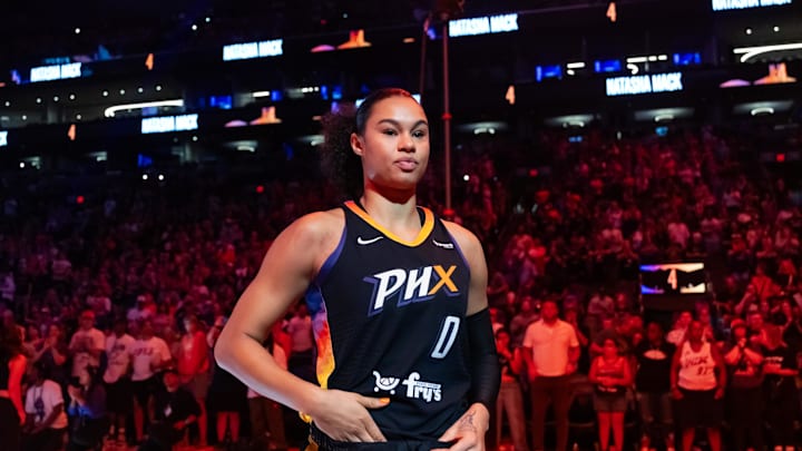 Aug 10, 2025; Phoenix, Arizona, USA; Phoenix Mercury forward Satou Sabally (0) against the Atlanta Dream at PHX Arena. Mandatory Credit: Mark J. Rebilas-Imagn Images
