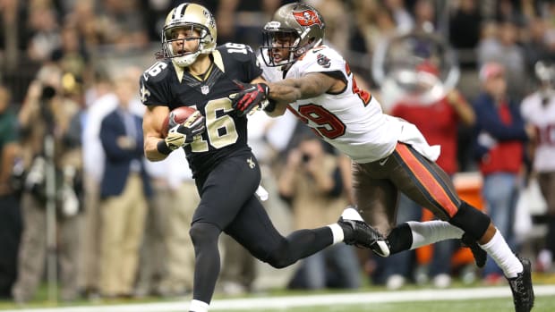 Dec 29, 2013; New Orleans Saints wide receiver Lance Moore (16) catches a scoring pass against the Tampa Bay Buccaneers  