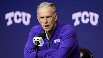 Oct 23, 2024; Kansas City, MO, USA; TCU Horned Frogs head coach Jamie Dixon talks to media during the Big 12 Men’s Basketball Media Day at T-Mobile Center. Mandatory Credit: Jay Biggerstaff-Imagn Images