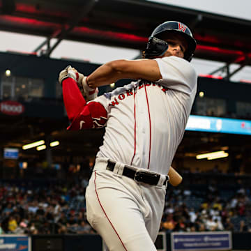 Roman Anthony takes a practice swing prior to an at-bat with the Worcester Red Sox on Aug. 14 at Polar Park.