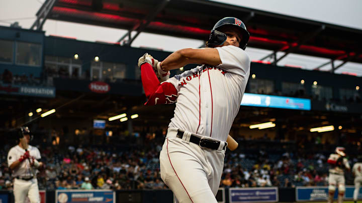 Roman Anthony takes a practice swing prior to an at-bat with the Worcester Red Sox on Aug. 14 at Polar Park.