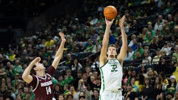 Oregon center Nate Bittle puts up a shot for three as the Oregon Ducks host the Montana Grizzlies at Matthew Knight Arena Friday, Nov. 8, 2024 in Eugene, Ore.