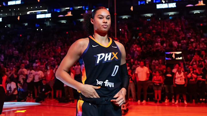 Aug 10, 2025; Phoenix, Arizona, USA; Phoenix Mercury forward Satou Sabally (0) against the Atlanta Dream at PHX Arena. Mandatory Credit: Mark J. Rebilas-Imagn Images
