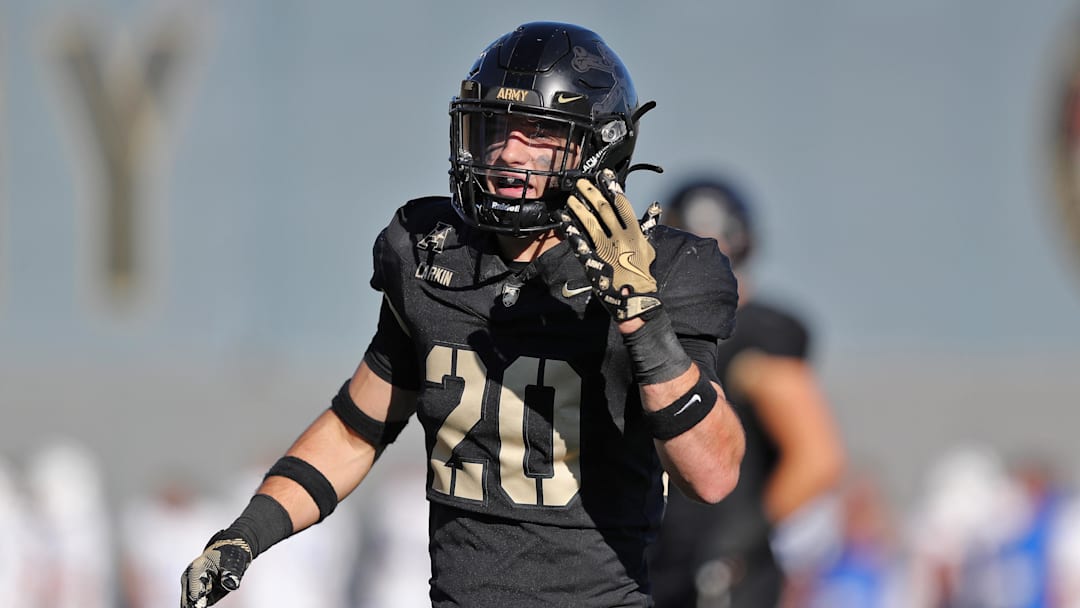 Nov 2, 2024; West Point, New York, USA; Army Black Knights defensive back Casey Larkin (20) during the second half against the Air Force Falcons at Michie Stadium. 