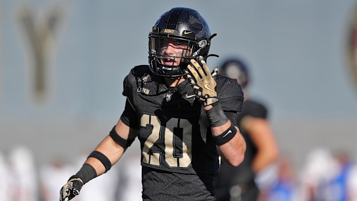 Nov 2, 2024; West Point, New York, USA; Army Black Knights defensive back Casey Larkin (20) during the second half against the Air Force Falcons at Michie Stadium. Nov 2, 2024; West Point, New York, USA; Army Black Knights defensive back Casey Larkin (20) during the second half against the Air Force Falcons at Michie Stadium.