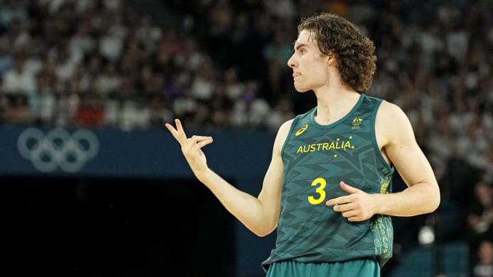 Aug 6, 2024; Paris, France; Australia guard Josh Giddey (3) reacts after making a three pointer