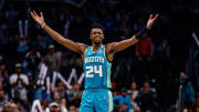 Apr 7, 2024; Charlotte, North Carolina, USA; Charlotte Hornets forward Brandon Miller (24) reacts to a call during the fourth quarter against the Oklahoma City Thunder at Spectrum Center. Mandatory Credit: Scott Kinser-USA TODAY Sports