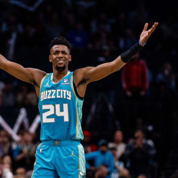 Apr 7, 2024; Charlotte, North Carolina, USA; Charlotte Hornets forward Brandon Miller (24) reacts to a call during the fourth quarter against the Oklahoma City Thunder at Spectrum Center. Mandatory Credit: Scott Kinser-USA TODAY Sports
