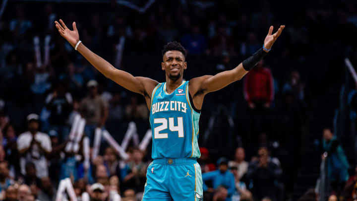 Apr 7, 2024; Charlotte, North Carolina, USA; Charlotte Hornets forward Brandon Miller (24) reacts to a call during the fourth quarter against the Oklahoma City Thunder at Spectrum Center. Mandatory Credit: Scott Kinser-USA TODAY Sports