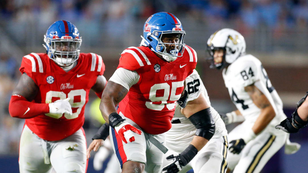 Oct 28, 2023; Oxford, Mississippi, USA; Mississippi Rebels defensive linemen Akelo Stone (95) during the first half against the Vanderbilt Commodores at Vaught-Hemingway Stadium. Mandatory Credit: Petre Thomas-USA TODAY Sports