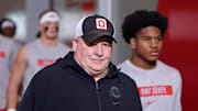 Jan 20, 2025; Atlanta, GA, USA; Ohio State Buckeyes offensive coordinator Chip Kelly before the CFP National Championship college football game at Mercedes-Benz Stadium. Mandatory Credit: Mark J. Rebilas-Imagn Images
