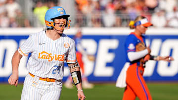 Tennessee's McKenna Gibson (24) celebrates a home run in the second inning during the Women's College World Series softball game between the Florida Gators and the Tennessee Volunteers at Devon Park in Oklahoma City, Friday, May, 30, 2025.