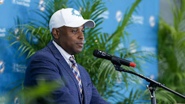 Feb 10, 2022; Miami Gardens, FL, USA; Miami Dolphins general manager Chris Grier speaks during a