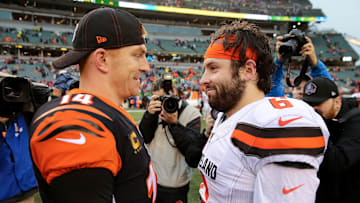 Cincinnati Bengals quarterback Andy Dalton (14) and Cleveland Browns quarterback Baker Mayfield (6) shakes hands at the conclusion of an NFL Week 17 game, Sunday, Dec. 29, 2019, at Paul Brown Stadium in Cincinnati. Cincinnati Bengals won 33-23.

Cleveland Browns At Cincinnati Bengals Football 12 29 2019