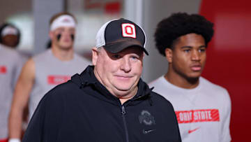Jan 20, 2025; Atlanta, GA, USA; Ohio State Buckeyes offensive coordinator Chip Kelly before the CFP National Championship college football game at Mercedes-Benz Stadium. Mandatory Credit: Mark J. Rebilas-Imagn Images