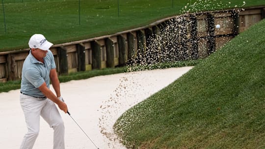 Bud Cauley hits from a bunker on the 11th hole during the final round of the Players Championship at TPC Sawgrass in Ponte Vedra Beach, Fl. Sunday March 16, 2025. Rory McIlroy and J.J. Spaun tied at 12 under par for the tournament and will face a three-hole aggregate playoff on Monday at 9 a.m. [Doug Engle/Florida Times-Union]