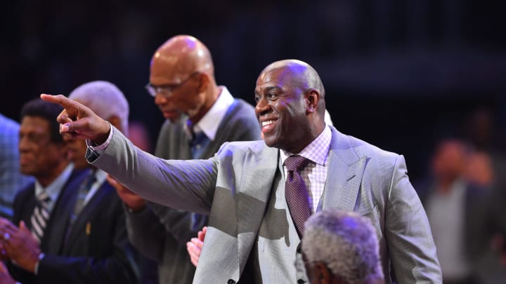 February 18, 2018; Los Angeles, CA, USA; Former Los Angeles Laker star Magic Johnson is recognized during the 2018 NBA All Star Game at Staples Center. Mandatory Credit: Bob Donnan-USA TODAY Sports

