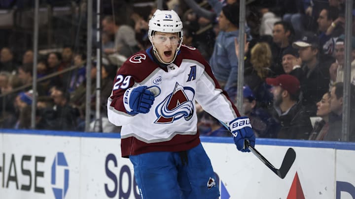 Dec 6, 2025; New York, New York, USA; Colorado Avalanche center Nathan MacKinnon (29) celebrates after scoring a goal in the third period against the New York Rangers at Madison Square Garden. Mandatory Credit: Wendell Cruz-Imagn Images Dec 6, 2025; New York, New York, USA; Colorado Avalanche center Nathan MacKinnon (29) celebrates after scoring a goal in the third period against the New York Rangers at Madison Square Garden. Mandatory Credit: Wendell Cruz-Imagn Images