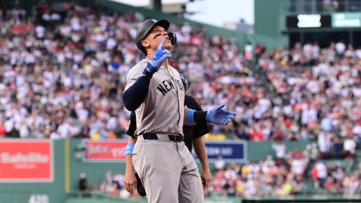 New York Yankees center fielder Aaron Judge (99) reacts to hitting a home run against the Boston Red Sox during the first inning at Fenway Park on June 16.
