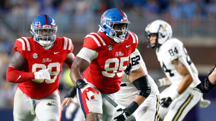 Oct 28, 2023; Oxford, Mississippi, USA; Mississippi Rebels defensive linemen Akelo Stone (95) during the first half against the Vanderbilt Commodores at Vaught-Hemingway Stadium. Mandatory Credit: Petre Thomas-USA TODAY Sports