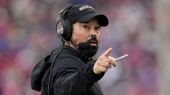 Nov 5, 2022; Evanston, Illinois, USA; Ohio State Buckeyes head coach Ryan Day looks at the video board during the first half of the NCAA football game against the Northwestern Wildcats at Ryan Field. Mandatory Credit: Adam Cairns-The Columbus Dispatch

Ncaa Football Ohio State Buckeyes At Northwestern Wildcats