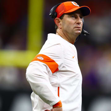 Jan 13, 2020; New Orleans, Louisiana, USA; Clemson Tigers head coach Dabo Swinney on the sidelines during the game against the LSU Tigers in the College Football Playoff national championship game at Mercedes-Benz Superdome.