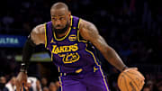 Feb 28, 2025; Los Angeles, California, USA; Los Angeles Lakers forward LeBron James (23) drives during the fourth quarter against the LA Clippers at Crypto.com Arena. Mandatory Credit: Jason Parkhurst-Imagn Images