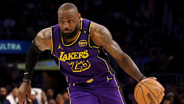 Feb 28, 2025; Los Angeles, California, USA; Los Angeles Lakers forward LeBron James (23) drives during the fourth quarter against the LA Clippers at Crypto.com Arena. Mandatory Credit: Jason Parkhurst-Imagn Images
