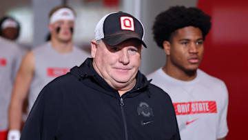 Jan 20, 2025; Atlanta, GA, USA; Ohio State Buckeyes offensive coordinator Chip Kelly before the CFP National Championship college football game at Mercedes-Benz Stadium. Mandatory Credit: Mark J. Rebilas-Imagn Images
