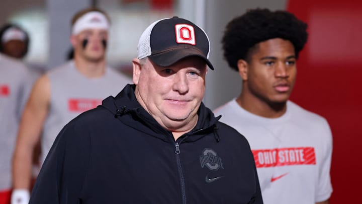 Jan 20, 2025; Atlanta, GA, USA; Ohio State Buckeyes offensive coordinator Chip Kelly before the CFP National Championship college football game at Mercedes-Benz Stadium. Mandatory Credit: Mark J. Rebilas-Imagn Images