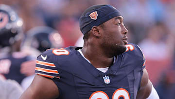 Dominique Robinson, a McKinley High School graduate entering his third season with the Chicago Bears, gets ready to play in the Pro Football Hall of Fame Game at Benson Stadium, Thursday, Aug. 1, 2024, in Canton.