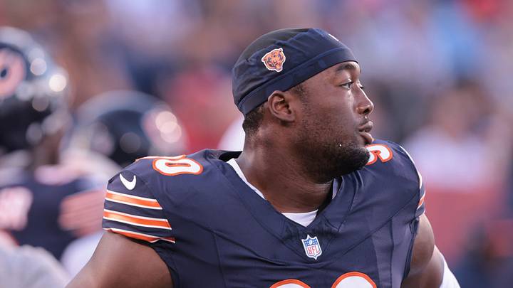 Dominique Robinson, a McKinley High School graduate entering his third season with the Chicago Bears, gets ready to play in the Pro Football Hall of Fame Game at Benson Stadium, Thursday, Aug. 1, 2024, in Canton.