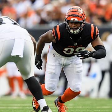 Nov 3, 2024; Cincinnati, Ohio, USA; Cincinnati Bengals defensive end Myles Murphy (99) runs a play against the Las Vegas Raiders in the second half at Paycor Stadium. Mandatory Credit: Katie Stratman-Imagn Images