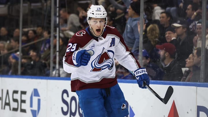 Dec 6, 2025; New York, New York, USA;  Colorado Avalanche center Nathan MacKinnon (29) celebrates after scoring a goal in the third period against the New York Rangers at Madison Square Garden. Mandatory Credit: Wendell Cruz-Imagn Images
