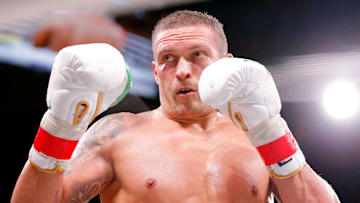 Oct 12, 2019; Chicago, IL, USA; Oleksandr Usyk (white trunks) during his match against Chazz Witherspoon (not pictured) during a heavyweight boxing match at Wintrust Arena. Mandatory Credit: Jon Durr-Imagn Images