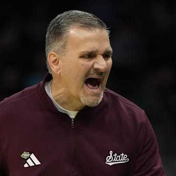 March 21, 2024, Charlotte, NC, USA; Mississippi State Bulldogs head coach Chris Jans reacts against the Michigan State Spartans in the first round of the 2024 NCAA Tournament at the Spectrum Center. Mandatory Credit: Bob Donnan-Imagn Images