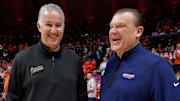 Mar 5, 2024; Champaign, Illinois, USA; Purdue Boilermakers head coach Matt Painter and Illinois Fighting Illini head coach Brad Underwood chat before the start of the game at State Farm Center. Mandatory Credit: Ron Johnson-Imagn Images
