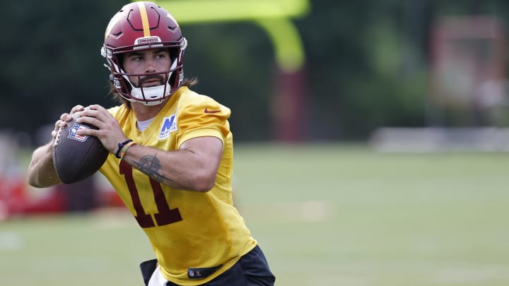 Jul 25, 2024; Ashburn, VA, USA; Washington Commanders quarterback Sam Hartman (11) prepares to pass the ball during day two of Commanders training camp at OrthoVirginia Training Center at Commanders Park.