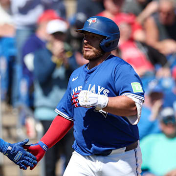 Dunedin, Florida, USA; Toronto Blue Jays catcher Alejandro Kirk (30) runs the bases after hitting a home run against the Philadelphia Phillies in the eighth inning during spring training at TD Ballpark.