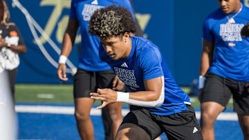 Sep 14, 2024; Tulsa, Oklahoma, USA;  Tulsa Golden Hurricane wide receiver Joseph Williams (8) warms up before a game against the Oklahoma State Cowboys at Skelly Field at H.A. Chapman Stadium. Mandatory Credit: Brett Rojo-Imagn Images