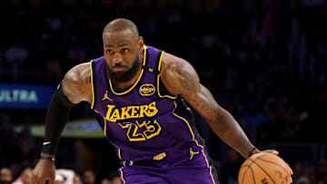 Feb 28, 2025; Los Angeles, California, USA; Los Angeles Lakers forward LeBron James (23) drives during the fourth quarter against the LA Clippers at Crypto.com Arena. Mandatory Credit: Jason Parkhurst-Imagn Images