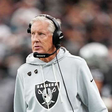 Nov 2, 2025; Paradise, Nevada, USA; The Las Vegas Raiders head coach Pete Carroll looks on during warmups before the game against the Jacksonville Jaguars at Allegiant Stadium. Mandatory Credit: Kirby Lee-Imagn Images