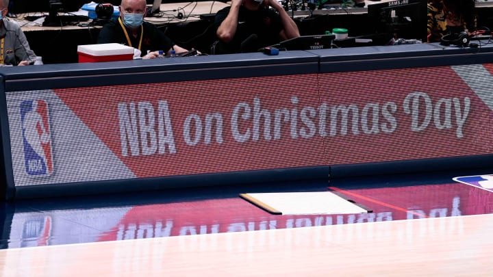 Dec 25, 2020; Denver, Colorado, USA; NBA on Christmas Day is displayed across the sideboards in the first quarter of the game between the Denver Nuggets and the Los Angeles Clippers at Ball Arena. 